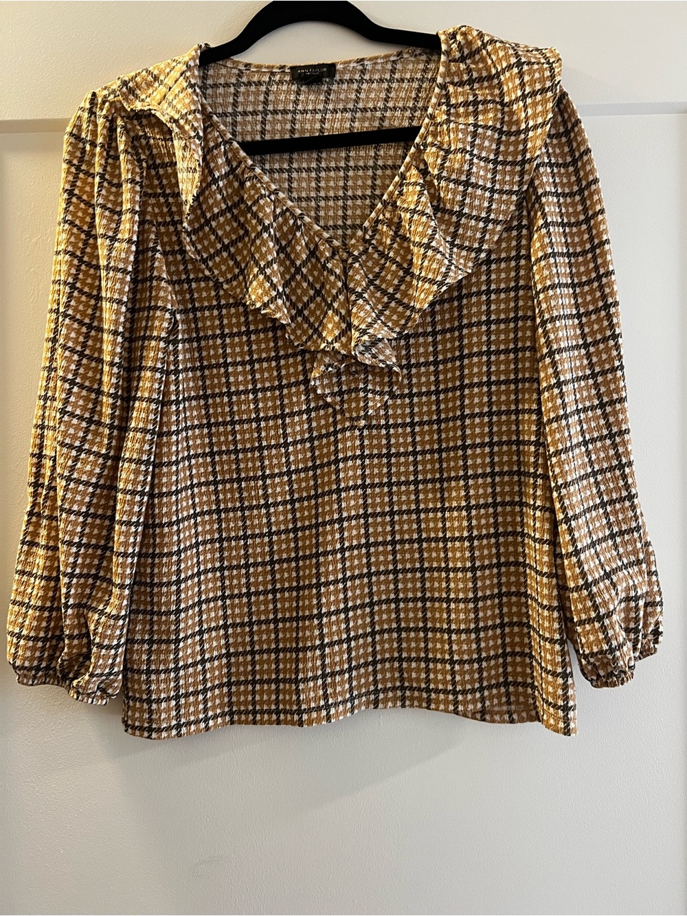 Ann Taylor Plaid Ruffle V-Neck Blouse in Mustard and Black